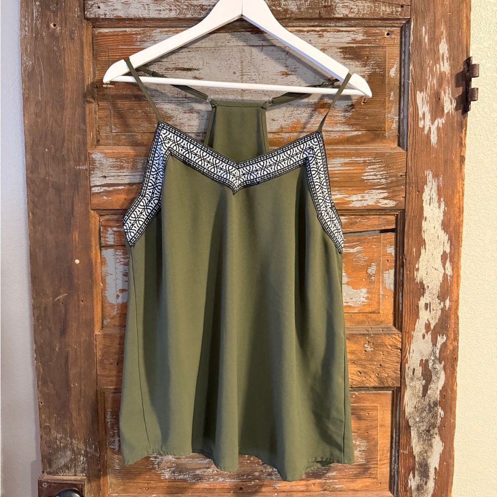 Olive Green Sleeveless Top with Geometric Trim